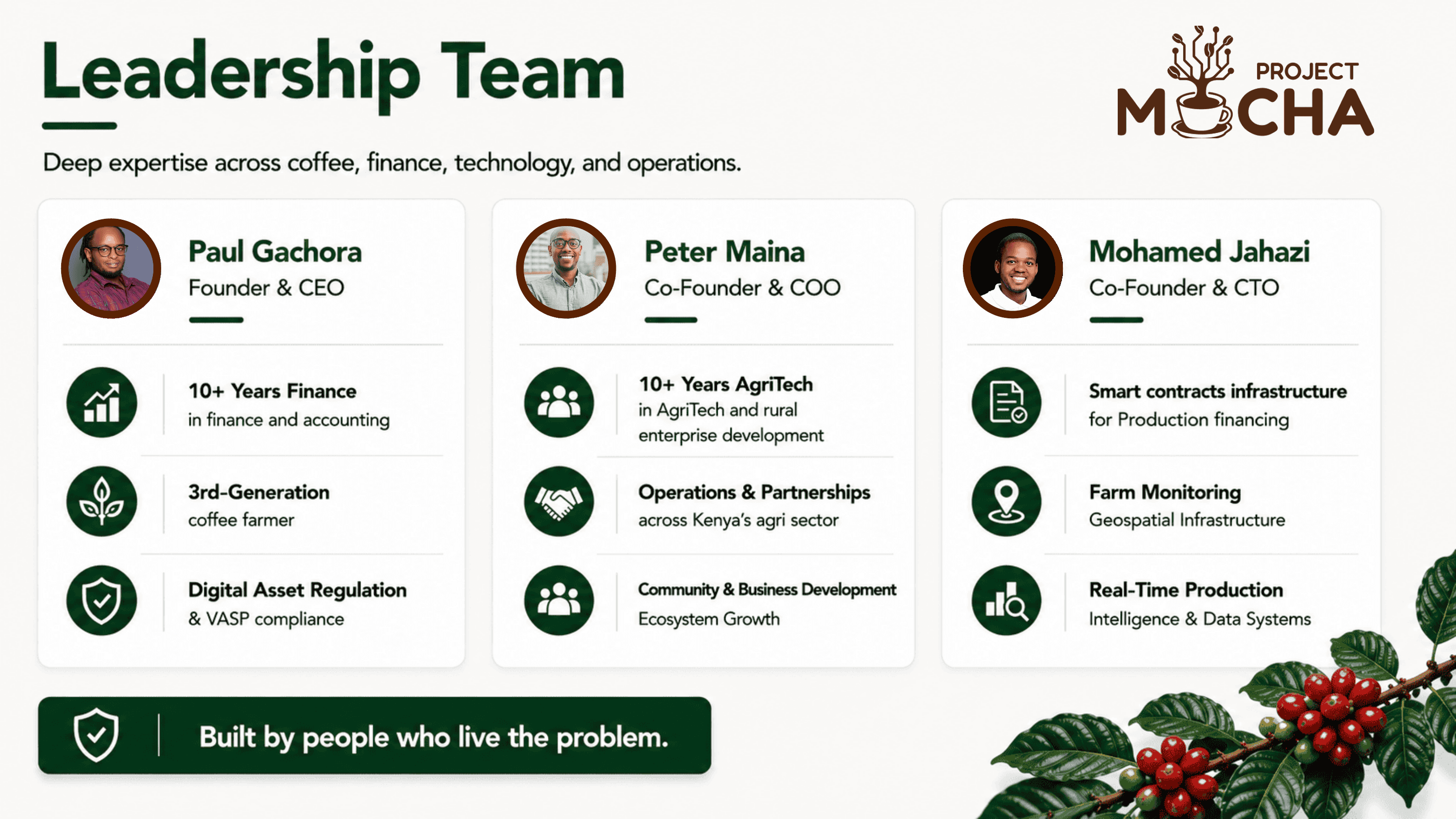 Project Mocha leadership team — Paul Gachora, Peter Maina, and Mohamed Jahazi